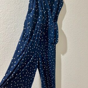 Kaileigh Navy & White Abstract Print Wrap Jumpsuit with Pockets